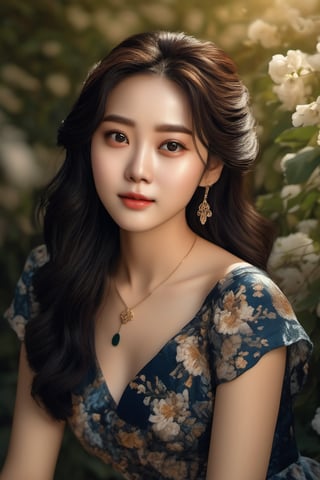 Pictorialist style photograph of a beautiful 21-year-old Korean woman with a perfect face, and big eyes sitting in the garden on a low wall. Very sensual, mocking smile, smokey eyes makeup style, incredibly pretty, highly detailed features, highest quality, highly detailed skin, smooth thighs, long hair, fine curly style hair, big blue eyes, perfect eyes, detailed eyes, detailed pupils, shy smile, black hair, Ikat dress with a modest neckline, black sheer tights, ankle strap heels. Celtic jewelry, necklace with a key. morning sunlight, sharp focus, 8k resolution, 100% erotism. Masterpiece. Highly detailed. Cluttered maximalism. Rembrandt lighting. High angle. Wide angle. Full body shot. REALISTIC,real_booster,ink ,photo_b00ster