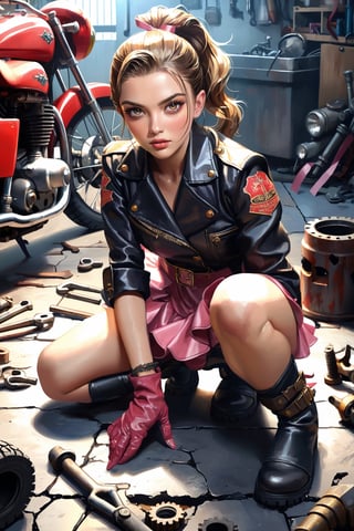 A female mechanic is kneeling next to a rusty Norton Dominator motorcycle in a garage. She wears a jacket, a pink Lolita dress, (black tights), and feminine ankle boots. Gloves on hands. Slavic facial features, fierce and confident expression, suggestive poses exuding seductive charm. Brown hair is pulled back into a high ponytail, and embellished with ribbons. Cracks in the asphalt, scattered mechanical tools. Masterpiece. Highly detailed. Cluttered maximalism. Close-up shot. High angle. Super wide angle,