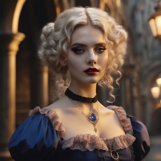 A witch dressed in a sapphire Gothic lolita outfit adorned with lace ruffles and floral embroidery is turning to look at the camera. She wears a gold necklace. Her blonde hair is styled in curly looks,  with ringlets,  slightly disheveled,  and blown away by the wind. Makeup creates a doll-like appearance with pale skin,  dark eyeliner,  and bold,  red lips. Castle entrance in the background. Ominous atmosphere,  Artstation,  Rembrandt lighting,  vibrant colors,  intricate details,  octane render,  64k,  photorealistic,  a masterpiece.,Wonder of Beauty,2b-Eimi,watercolor \(medium\)