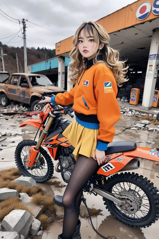 An artistic vision of a female adventurer surveying a gas station near Gangneung South Korea. She is wearing a colorful outfit with a closely fitted jacket, warm skirt, black tights, and ankle boots. She is driving a KTM 250 SX-F motorcycle. Fierce and confident expression, suggestive poses exuding seductive charm. Blonde hair styled into ringlets that framed the face. An abandoned gas station, deserted, destroyed trucks, rusty tank trailer, grass, scattered rubble, vibrant colors. Highly detailed. Cluttered maximalism. Close-up shot. Super wide angle, 