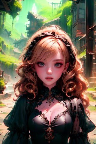 A witch dressed in a striped Gothic lolita dress adorned with red lace and ruffles and floral embroidery is turning to look at the camera. She wears a gold neklace. Her blonde hair is styled in curly looks, with ringlets, slightly disheveled, Strand of hair between the eyes. Makeup creates a doll-like appearance with pale skin, dark eyeliner, and bold, dark lips. Cottage in the mountains in the background. Ominous atmosphere, Artstation, Rembrandt lighting, vibrant colors, intricate details, octane render, 64k, photorealistic, a masterpiece.,Darkness Kitten ,watercolor