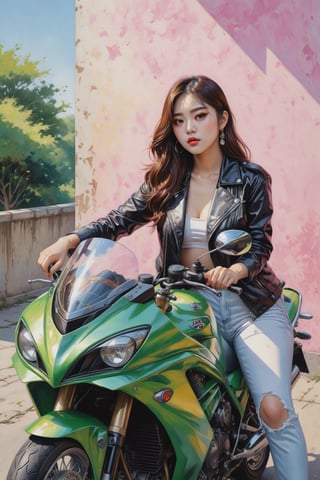 Painting in the style of prismatic portraits, beautiful landscapes, hyperrealistic precision, digital art techniques, impressionist: dappled light, bold, colorful portraits, wide angle. A young Korean K-pop star sitting on a Kawasaki Ninja 400 motorcycle next to the wall. High nose bridge, doe eyes, sharp jawline, plump lips, and an hourglass figure. Soft lighting wraps around her face, accentuating every curve and crease. Cluttered maximalism. Womancore. Mote Kei. Extremely high-resolution details.