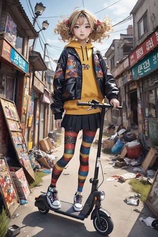 An artistic vision of a female adventurer surveying a small South Korean town. She is wearing a colorful outfit with a closely fitted jacket, warm skirt, black patterned tights, and sneakers. She is driving a Daelim Besbi 125 scooter. Fierce and confident expression, suggestive poses exuding seductive charm. Blonde hair styled into ringlets that framed the face. An abandoned town street, deserted, destroyed lamppost, rusty trashcan, grass, scattered pack of tights, vibrant colors. Highly detailed. Cluttered maximalism. Close-up shot. Super wide angle, 