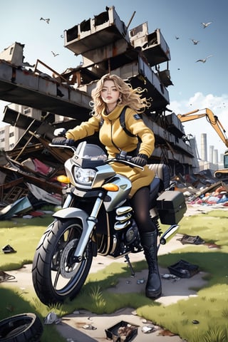 An artistic vision of a female adventurer surveying a destroyed city. She is wearing a warm outfit with a closely fitted jacket, warm woolen skirt, black tights, and ankle boots. She is driving a Kawasaki Vulcan 1700 Voyager motorcycle. Fierce and confident expression, suggestive poses exuding seductive charm. Blonde hair styled into ringlets that framed the face. An abandoned industrial area, deserted, rusty excavator wreck, grass, scattered garbage, vibrant colors. Highly detailed. Delicate minimalism. Close-up shot. Super wide angle, 