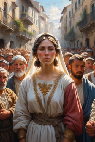 Painting in the style of Mannerism. A peasant woman and male craftsman standing among the crowd during a catholic procession. Sunlight, sense of awe-inspiring grandeur, compositional tension and instability, highly florid style, and intellectual sophistication. Soft lighting wraps around her face, accentuating every curve and crease. Wide angle. Cluttered maximalism. Mote Kei. Extremely high-resolution details. beautiful landscapes, hyperrealistic precision, and digital art techniques.,REALISTIC,ink. Split complementary color harmony.