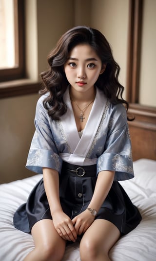Pictorialist-style photograph of a beautiful 21-year-old Korean woman with a perfect face, and big eyes sitting on her bed and shaving her leg with a leg shaver. Sensual, pretty, highly detailed face features, highly detailed skin, fine curly style hair, big eyes, perfect eyes, detailed eyes, detailed pupils, black hair, Ikat petticoat and housecoat. Necklace with a key. Sharp focus, 64k. Masterpiece. Highly detailed. Cluttered maximalism. Rembrandt lighting. High angle. Wide angle. Full body shot. ink ,photo_b00ster