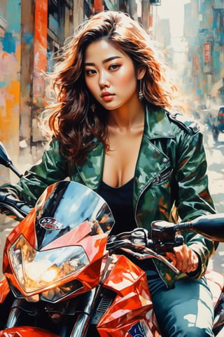 Painting in the style of prismatic portraits, beautiful landscapes, hyperrealistic precision, digital art techniques, impressionist: dappled light, bold, colorful portraits, wide angle. A young Korean K-pop star sitting on a Kawasaki Ninja 400 motorcycle next to the wall. High nose bridge, doe eyes, sharp jawline, plump lips, and an hourglass figure. Soft lighting wraps around her face, accentuating every curve and crease. Cluttered maximalism. Womancore. Mote Kei. Extremely high-resolution details.