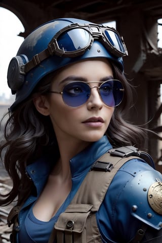 An alluring and hot female photographer, with big and perfect eyes, a thin and slightly upturned nose, and appealing full lips, looking out from inside a ruined building during a city skirmish. She is wearing civilian clothes, a dark blue helmet, and a black bulletproof vest with the slogan (("PRESS")) on it. Shield sunglasses, dark long hair, and hair between her eyes, balayage. Specks of dust in the air.  High angle. Cluttered maximalism, sharp focus, studio photo, intricate details, octane render, 64k, photorealistic concept art, Rembrandt lighting, chiaroscuro, masterpiece.