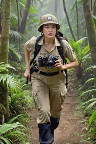 Image of a female photographer walking through the jungle in the war zone. She is wearing a khaki civilian overalls, a dark blue Kevlar helmet, and a black bulletproof vest with the slogan (("PRESS")) on it. She has long dark hair. She holds a camera with a telephoto lens. Womancore. Intricately detailed. Mood lighting. High angle.,LinkGirl,h4n3n