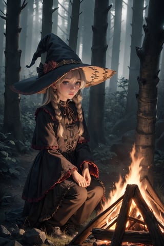 A young witch dressed in ornate brown gothic lolita attire sits on a trunk in a bivouac by a 1campfire in the middle of the forest. Behind her stands a tent and lies her travel bags. Cluttered maximalism. Womancore. Haunting atmosphere. Intricately detailed. Mood lighting. High angle.