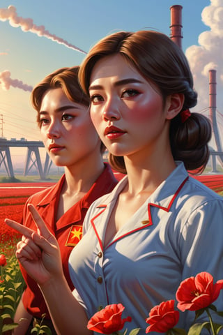 Painting in the style of socialist realism.  A collective farm woman and male factory worker point their fingers at the horizon. Flowers, sunlight, the body, youth, flight, industry, and new technology. The illustration shows the utopianism of communism and the Soviet state. High nose bridge, doe eyes, sharp jawline, plump lips, healthy skin, k-pop makeup. Soft lighting wraps around her face, accentuating every curve and crease. Wide angle. Cluttered maximalism. Mote Kei. Extremely high-resolution details. beautiful landscapes, hyperrealistic precision, and digital art techniques.,REALISTIC