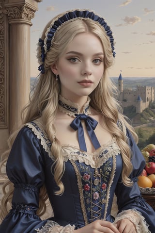 Hyperrealistic art young lady dressed in a deep blue Victorian dress embroidered with foliage patterns. Long blonde hair, wavy hair, slightly disheveled, and hair between her eyes. Bonnet decorated with ribbons, flowers, feathers, and lace. She is standing in the middle of a Crusader castle. Table with a fruit plate. Extremely high-resolution details, photographic, realism pushed to extreme, fine texture, incredibly lifelike. Cluttered maximalism. Womancore. Dusk. High angle. Practical lighting. Masterpiece. ,lolita_dress,ani_booster,real_booster,Victorian,,