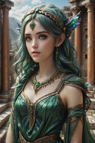 An artistic vision of an ethereal and thin elf lady dressed in ancient Greek robe, walking through a ancient ruins. Her hairstyle consisted of a roller of hair covered with a net low above the forehead and a silk cap placed above it connected to the roller with a central jewel placed on it. A short, shoulder-length white veil was pinned behind her head. Digital artwork, illustrative, painterly, matte painting, Highly detailed. Cluttered maximalism. Photorealistic. High angle. Close-up shot.,art_booster,portraitart,real_booster,rebela,(((green hair))),F41Arm0rXL 