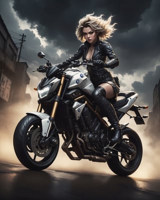 Concept art of a female superhero. She is wearing a warm skirt, black tights and ankle boots. She is driving a Yamaha MT-09 motorcycle. Visual kei hairstyle. Fierce and confident expression, suggestive pose exuding seductive charm. Dark setting, ethereal and mysterious atmosphere, dramatic lighting emphasizing shadows, Digital artwork, illustrative, painterly, matte painting, highly detailed. Cluttered maximalism. Storm clouds. Masterpiece. High angle.  Close-up shot. Super wide angle.