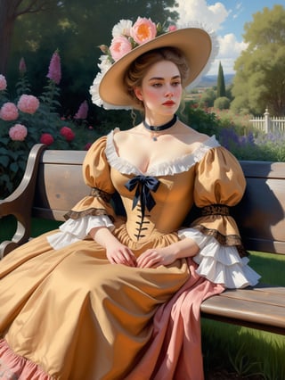 Painting of a noblewoman in an 1880 crinoline dress sits on a bench in the garden. 18" waist. Sense of awe-inspiring grandeur, compositional tension and instability, highly florid style, and intellectual sophistication. A high-concept design with striking visual contrasts. Wide angle. Cluttered maximalism. Extremely high-resolution details. beautiful landscapes, hyperrealistic precision, and digital art techniques. Split complementary color harmony. Close-up. Cowboy shot.