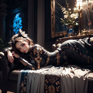 A woman with West Slavic facial features and a robotic exoskeleton is dressed in a short gothic Lolita dress adorned with tulle and lace. Its clothing morphs the Mechanical counterpressure suit of an astronaut with a gothic Lolita outfit and Indian embroidery and decorations. She is lying on her chaise longue in dark room. Womancore, diorama, masterpiece, cluttered maximalism, detailed illustration, vivid colors, 64k,  UDR,  HDR,  and ultra-sharp. High detailed , wrenchsfantasy