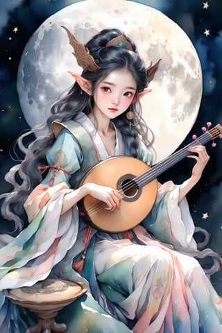 An concept art of an ethereal and skinny elf lady dressed in Korean 17c court dress, is sitting and holding ((moon lute)). Beautiful hands, long fingers. Highly detailed. Cluttered maximalism, Pastel colors. Digital artwork, illustrative. Low-key lighting. Super wide angle, High angle.,watercolor
