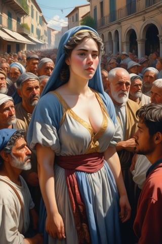 Painting in the style of Mannerism. A peasant woman and male craftsman standing among the crowd during a catholic procession. Sunlight, sense of awe-inspiring grandeur, compositional tension and instability, highly florid style, and intellectual sophistication. Soft lighting wraps around her face, accentuating every curve and crease. Wide angle. Cluttered maximalism. Mote Kei. Extremely high-resolution details. beautiful landscapes, hyperrealistic precision, and digital art techniques.,REALISTIC,ink. Split complementary color harmony.