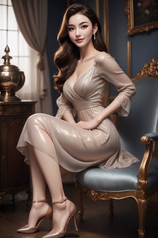 A masterpiece of glamour photography of a young, elegant woman sitting in the dining room of her home. High nose bridge, doe eyes, sharp jawline, plump lips, and hourglass figure, Smirk smile. She wears a extravagant, long dress. Her legs are covered in shiny pantyhose, and her feet are adorned with high, stylish heels. The woman's hairstyle is modern, featuring trendy, gently waving hair that falls over her shoulders. Her makeup is tasteful and refined, focusing on full, well-defined lips and subtly highlighted eyes. In the background of the dining room, there is a table with crystal glasses and soft lighting creating a warm atmosphere.  Shot with analog precision on a Pentax ME Super, soft lighting wraps around her face, accentuating every curve and crease. Film grain adds texture to her porcelain complexion.