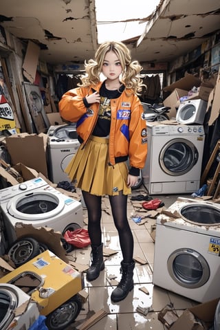 An artistic vision of a female adventurer surveying abandoned mall. She is wearing a closely fitted jacket, warm skirt, black tights, and ankle boots. She is standing next to her Yamaha YZ250 motorcycle. Fierce and confident expression, suggestive poses exuding seductive charm. Blonde hair styled into ringlets that framed the face. An abandoned washing machine shop, deserted, destroyed machinery, rusty washing machines, broken floor tiles, grass, scattered cardboard packaging. vivid colors, vibrant colors. Highly detailed. Cluttered maximalism. Close-up shot. High angle. Super wide angle, 