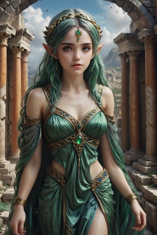 An artistic vision of an ethereal and thin elf lady dressed in ancient Greek robe, walking through a ancient ruins. Her hairstyle consisted of a roller of hair covered with a net low above the forehead and a silk cap placed above it connected to the roller with a central jewel placed on it. A short, shoulder-length white veil was pinned behind her head. Digital artwork, illustrative, painterly, matte painting, Highly detailed. Cluttered maximalism. Photorealistic. High angle. Close-up shot.,art_booster,portraitart,real_booster,rebela,(((green hair))),F41Arm0rXL 
