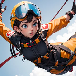 Photograph of a female parachutist during free fall. She is dressed in skydiving gear, which includes a brightly colored jumpsuit, a helmet, and goggles. The jumpsuit is sleek, fitting her form to reduce air resistance. She is harnessed in a network of straps made of nylon, including the thigh straps and the shoulder straps. The strings of the parachute itself are attached to the harness by shoulder straps. Womancore,  diorama,  64k,  UDR,  HDR,  masterpiece,  high detail,  3D illustration,  high contrast,  ultra sharp.