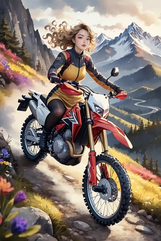 An artistic vision of a female adventurer wearing a closely fitted jacket, warm skirt, black tights, and ankle boots. She is driving her Honda CR250R on mountain path. Fierce and confident expression, suggestive poses exuding seductive charm. Blonde hair styled into ringlets that framed the face. Misty mountain peak, warm color palette, tranquil, soft focus, smooth gradients, digital painting, highly detailed, calming, positive energy flow, nature elements. vivid colors, vibrant colors. Highly detailed. Cluttered maximalism. Close-up shot. High angle. Super wide angle, 