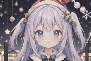 light purple hair, two_side_up, wearing closed mouth,  christmas_hat,Christmas