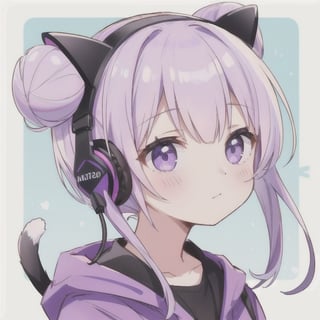 light purple hair, double_bun, wearing cat headphone, closed mouth, face only, looking front