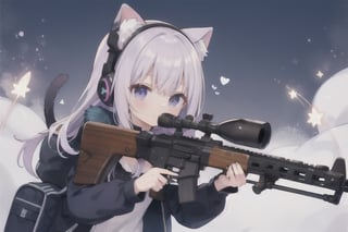 light purple hair, two_side_up, wearing cat headphone, closed mouth, search and destroy, rifle on hand