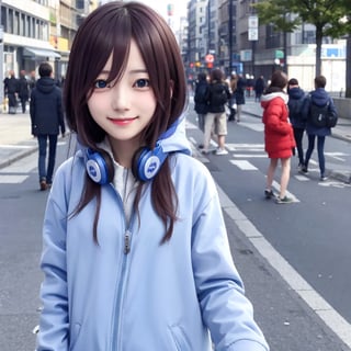 miku nakano, shy smile, street, blue headphone, 1girl