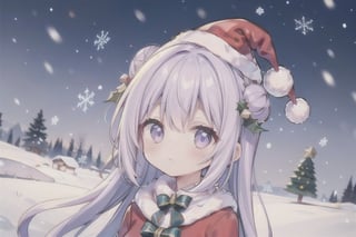 light purple hair, double_bun closed mouth,  christmas_hat, snows on head