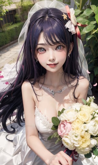 Ai Hoshino, shy smile, wedding_dress, big breast, star earings,