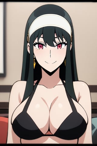 yor briar, black hair, red eyes, earrings, white hairband, hairband, long hair, sidelocks, bikini, happy_face, big_boobies