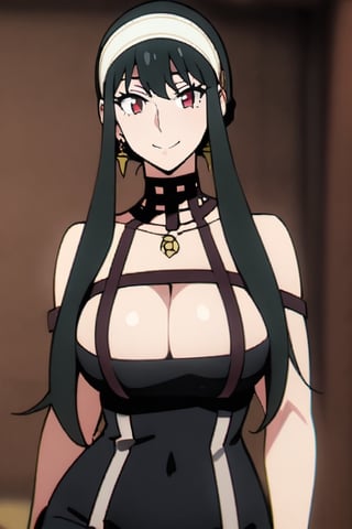 yor briar, black hair, red eyes, earrings, white hairband, hairband, long hair, sidelocks, dominatrix, happy_face, big_boobies