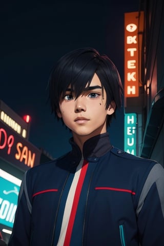 Hiro wearing the silver "Driver" jacket, black sweater, dark blue jeans. Hiro had an average build, height, and a standard "slim" male physique. Hiro is 16 years old. He had black, shaggy hair and rich blue eyes. In the background a night city with neon lights, interactive elements, very detailed, ((Detailed face)), ((Detailed Half body)), silver jacket, Color Booster, hiro_franxx,sciamano240