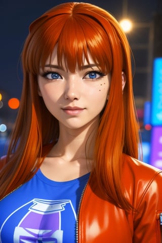 Kyoko Sano wearing a violet t-shirt, red jacket. She has a long Red_Orange hair. blue eyes.  big breasts, firm breasts, In the background a night city with neon lights, interactive elements, very detailed, ((Detailed face)), ((Detailed Half body)), Color Booster,  sciamano240, kyokosano