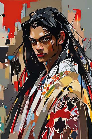 a handsome young man, (16 years old), 
(Colombian boy), (Barranquillero) in the style of nicola samori, (sharp amber eyes), (urban caribbean clothing), long black straight hair, beautiful smile, perfect face, white streak in hair , (by james jean $,  roby dwi antono $,  ross tran $. francis bacon $,  michal mraz $,  adrian ghenie $,  petra cortright $,  gerhard richter $,  takato yamamoto $,  ashley wood $),art_booster