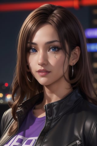 Kaoru Itou wearing a violet t-shirt, black jacket. She has a long brown hair. blue eyes. brown skin, big breasts, firm breasts, In the background a night city with neon lights, interactive elements, very detailed, ((Detailed face)), ((Detailed Half body)), silver jacket, Color Booster,  sciamano240, kaoru itou