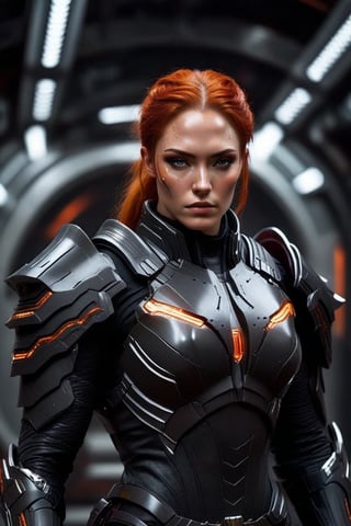 Sci-Fi. Helena Valadyrr is a human being, a beautiful woman of 28 years old, ((caucasian)), long red_orange hair, slicked back haircut, ((scars_on_her_face)), muscular build.  ((Dark_Grey armor)). He wears a futuristic and highly cybernetic black armor. ((white ornaments)),  ((white lines)), baroque's iconography. Inspired by the art of Destiny 2 and the style of Guardians of the Galaxy.,perfecteyes
