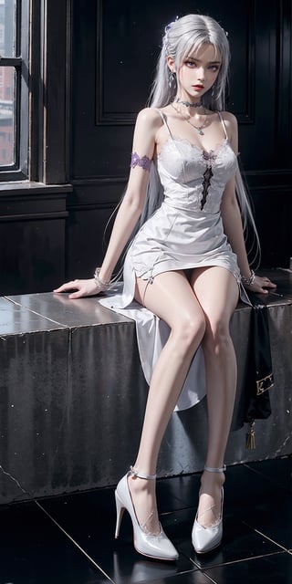 Masterpiece, best quality, official art, very detailed CG unified 8k wallpaper, 1 girl, long white hair, purple eyes, angry, furrowed brows, full body, Sexy,pure white, wearing necklace around neck,White suspender skirt,There is lace on the chest,short skirt,black high heels,Thin heels,sit on the floor