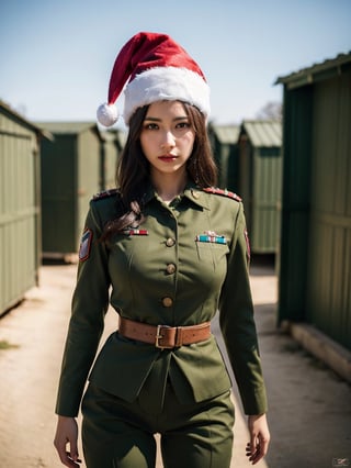 sexy woman, Mexican 24 years old, shapely, army suit, christmas hat, in the military camp, arrogant expression, (best quality, realistic, photography, highly detailed, 8K, HDR) 