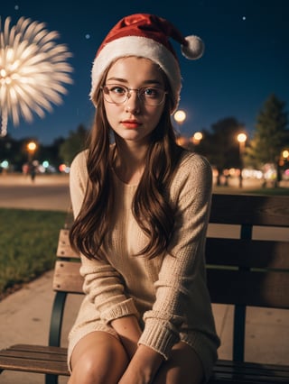 neatly Ukrainian girl, 20 years old, glasses, christmas hat, sitting on a park bench, night time, fireworks in the sky, saded expression, (best quality, realistic, photography, highly detailed, 8K, HDR) 