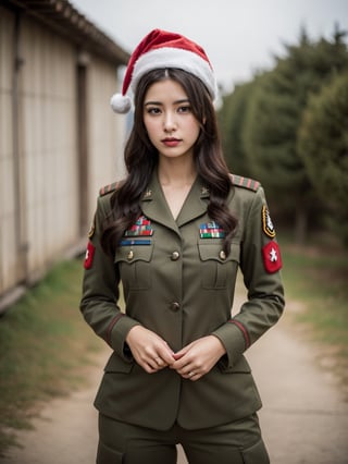 sexy woman, Mexican 24 years old, shapely, army suit, christmas hat, in the military camp, arrogant expression, (best quality, realistic, photography, highly detailed, 8K, HDR) 