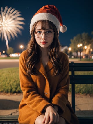 neatly Ukrainian girl, 20 years old, glasses, christmas hat, sitting on a park bench, night time, fireworks in the sky, saded expression, (best quality, realistic, photography, highly detailed, 8K, HDR) 