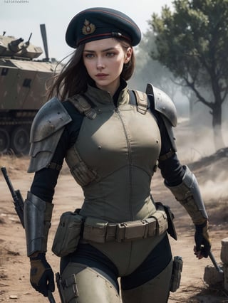 beautiful Russian woman, about 26 years old, military armored suit, beret hat, in the battle, (best quality, realistic, highly detailed, photograph, 8K, HDR) 