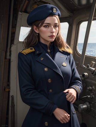 beautiful American woman, about 26 years old, military navy coat, beret hat, in the warship, (best quality, realistic, highly detailed, photograph, 8K, HDR) 