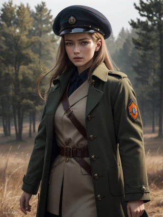 beautiful Dutch woman, about 26 years old, military long coat, beret hat, in the battle, (best quality, realistic, highly detailed, photograph, 8K, HDR) 