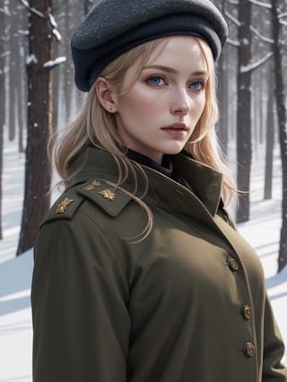 beautiful Nordic woman, about 26 years old, military winter coat, beret hat, in the battle, (best quality, realistic, highly detailed, photograph, 8K, HDR) 