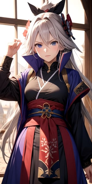 Fate, Fate/Grand Order, Miyamoto Musashi, in the castle, midnight, cold expression, (best quality, extremely detailed, intricate background) 